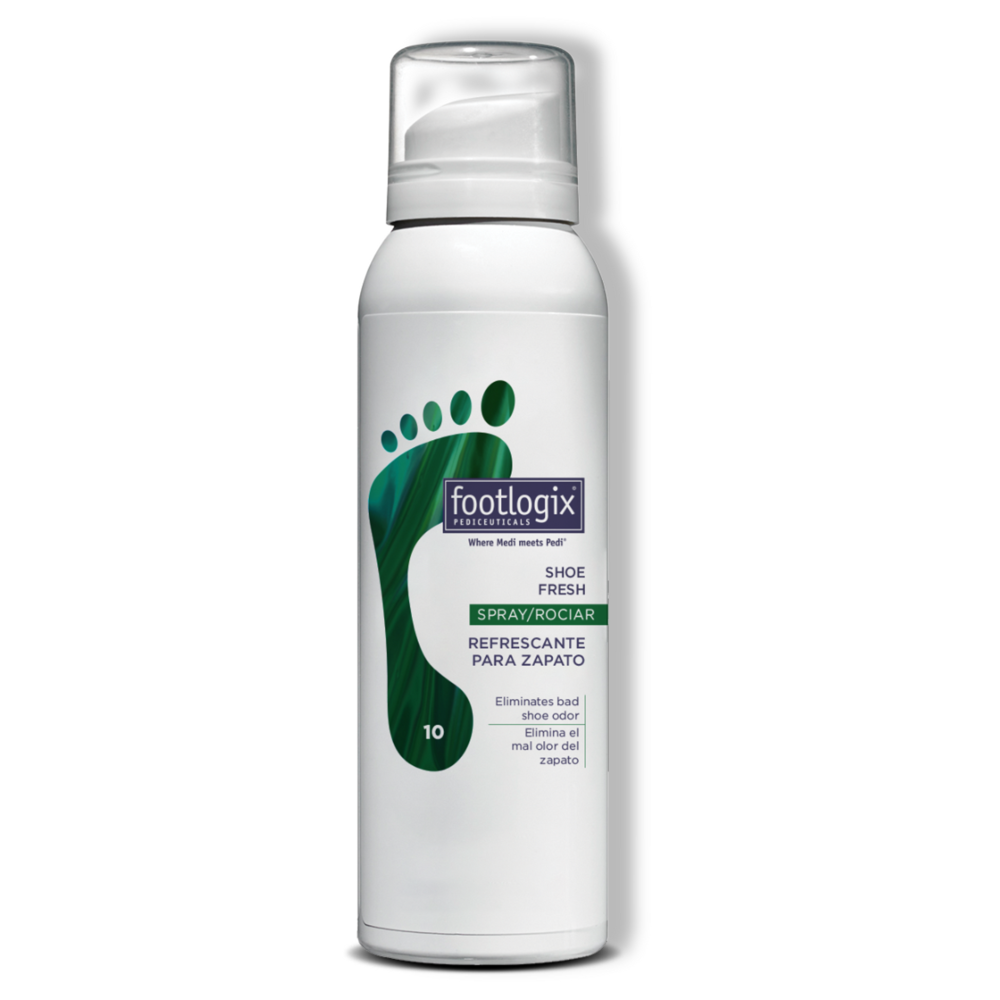 Footlogix® Shoe Fresh Spray bottle – 125 ml canister with a green foot logo and label text indicating it eliminates bad shoe odor. Designed for refreshing shoes and gear.