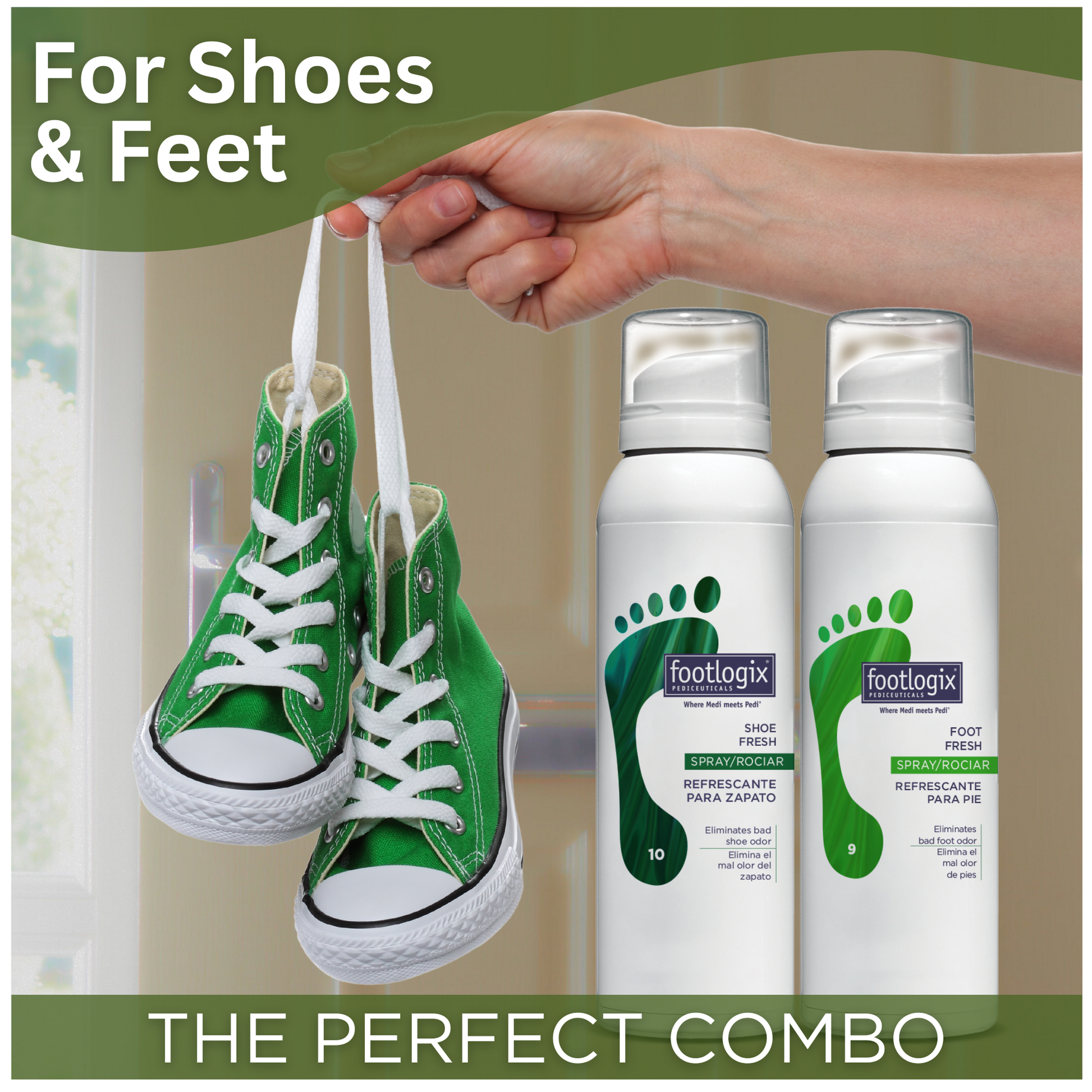 Footlogix Shoe Fresh Spray and Foot Fresh Spray beside a hand holding up green high-top sneakers. Caption reads “For Shoes & Feet - The Perfect Combo.”