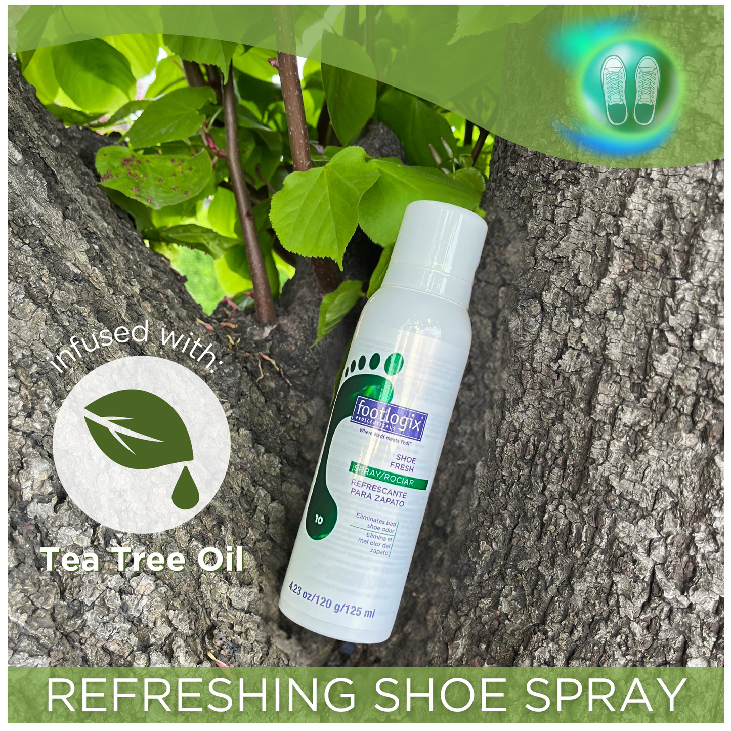 Footlogix Shoe Fresh Spray positioned outdoors between tree trunks. Callout highlights Tea Tree Oil infusion and text reads “Refreshing Shoe Spray.”