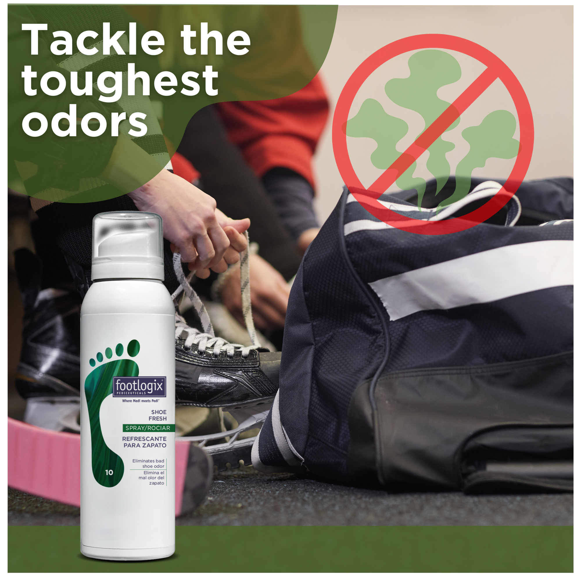 Footlogix Shoe Fresh Spray next to a gym bag and sports gear, with the text “Tackle the Toughest Odors” and a green odor icon crossed out.