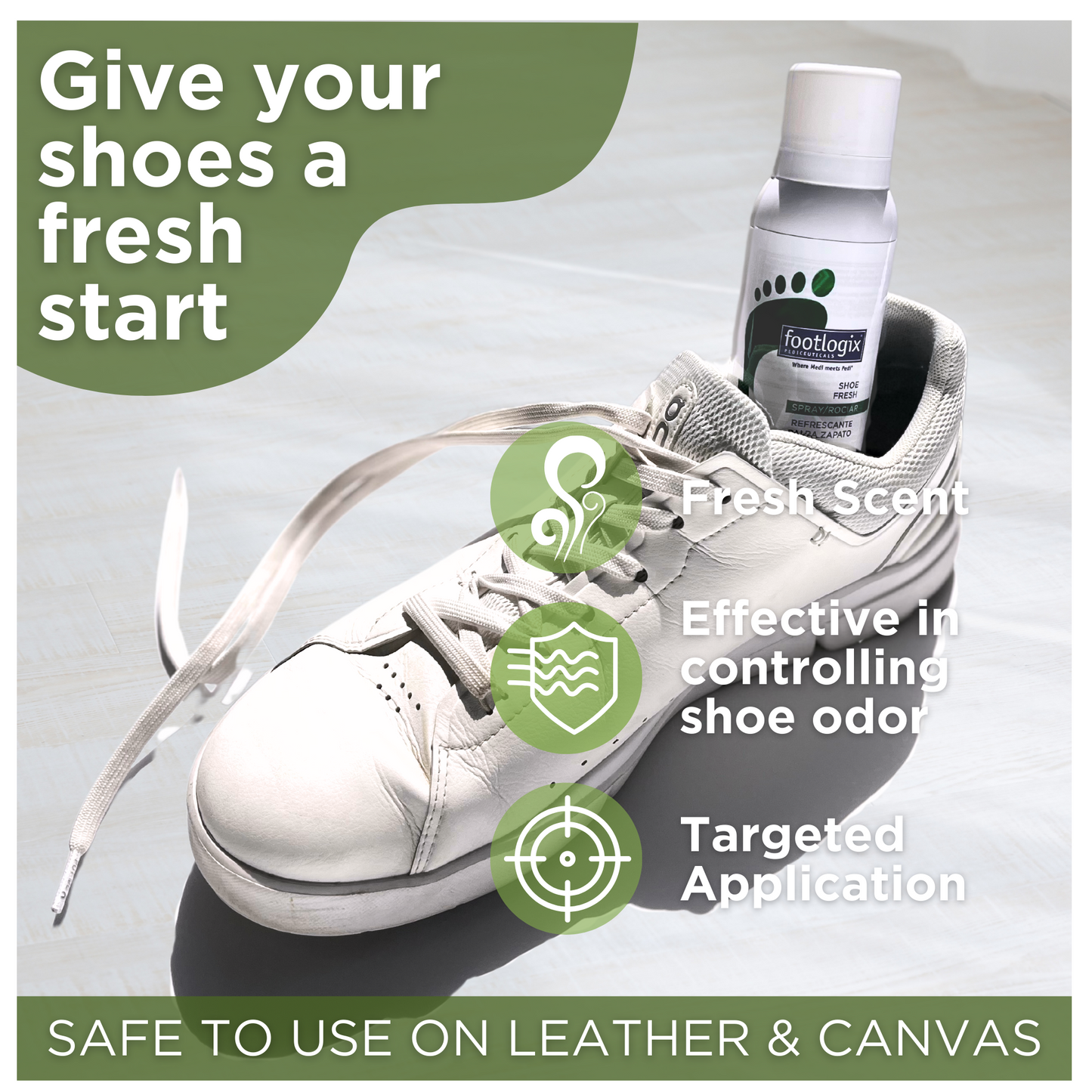 White sneaker with untied laces next to Footlogix Shoe Fresh Spray. Text highlights benefits: fresh scent, effective odor control, and targeted application. Bottom banner reads “Safe to Use on Leather & Canvas.”