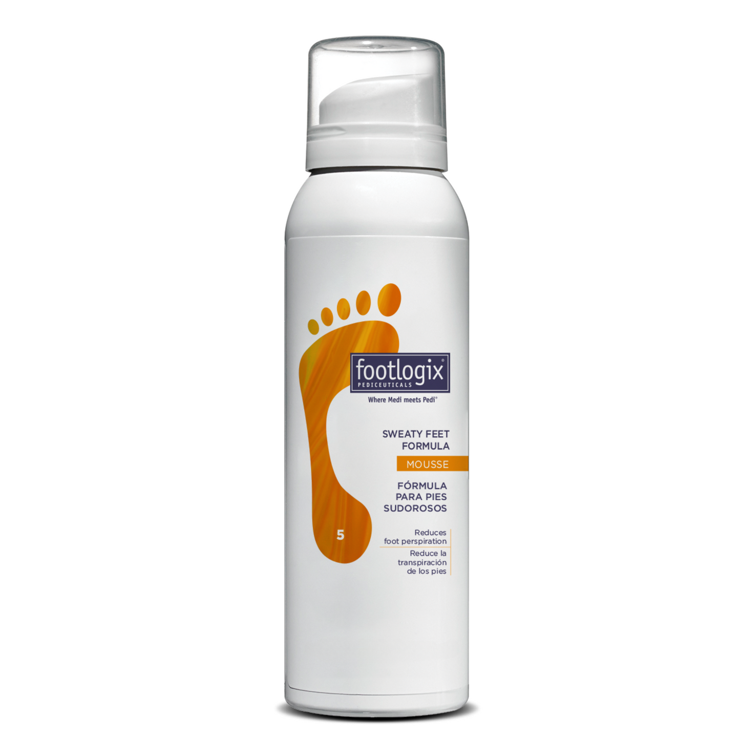 A white 4.23 oz (119.9 g) canister of Footlogix® Sweaty Feet Formula Mousse, featuring a gold footprint graphic and labeled to reduce foot perspiration.