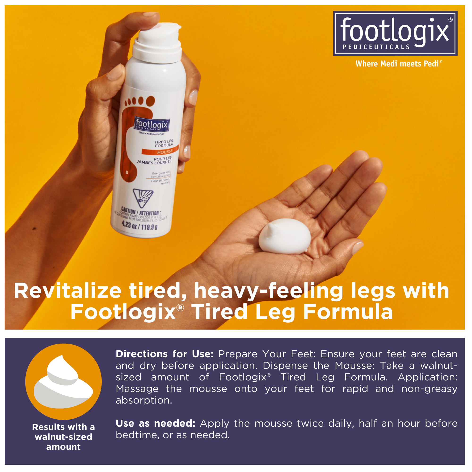 Footlogix Tired Leg Formula shown with a walnut-sized amount of mousse in hand. Text details directions for use, including recommended application amount and frequency.