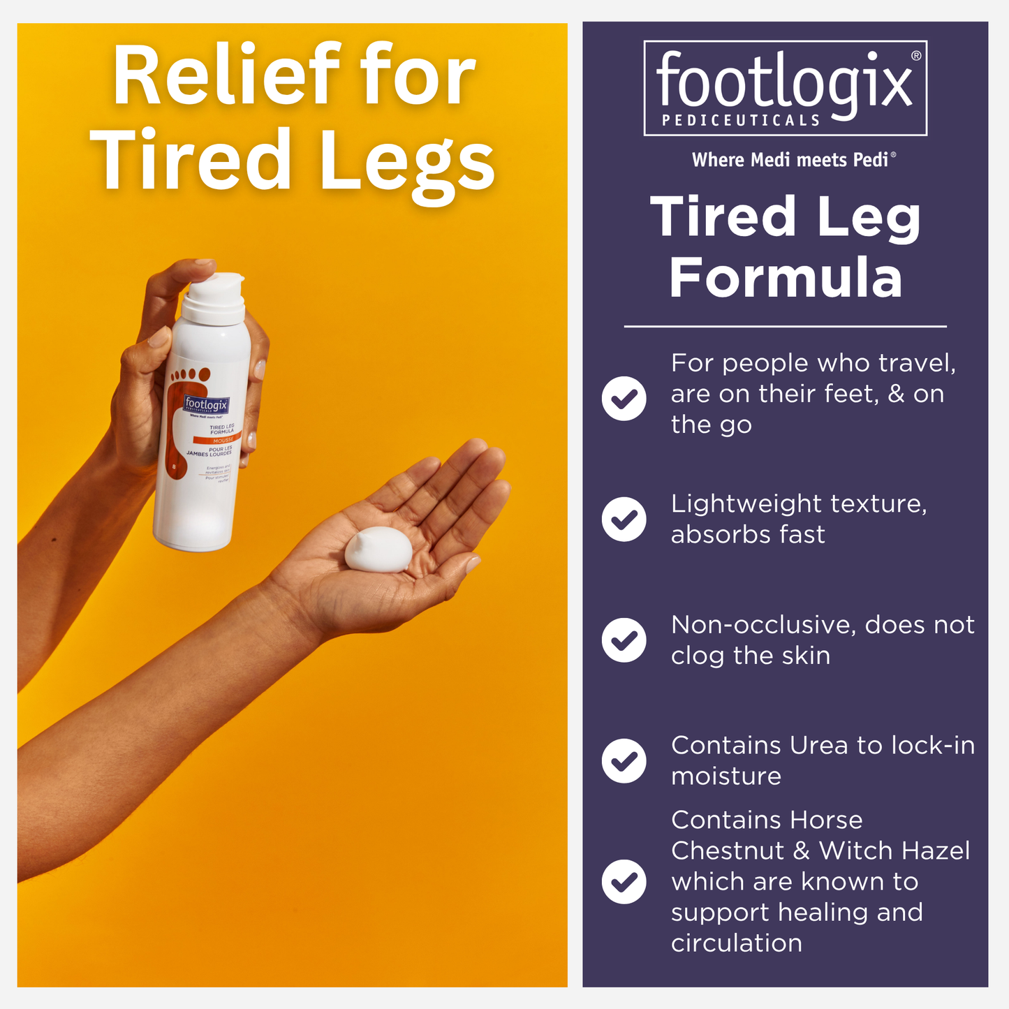 A person dispensing Footlogix Tired Leg Formula mousse into their palm, showcasing the lightweight texture and foamy consistency of the product against a bright yellow background. Product benefits such as fast absorption and circulation support are listed on the right.