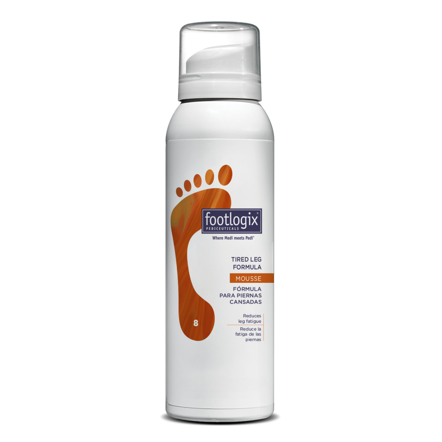 A 4.23 oz (119.9 g) can of Footlogix® Tired Leg Formula Mousse, featuring an orange footprint graphic on a white bottle. The product is labeled to energize and revitalize tired legs, and is part of the Footlogix Pediceuticals® line.