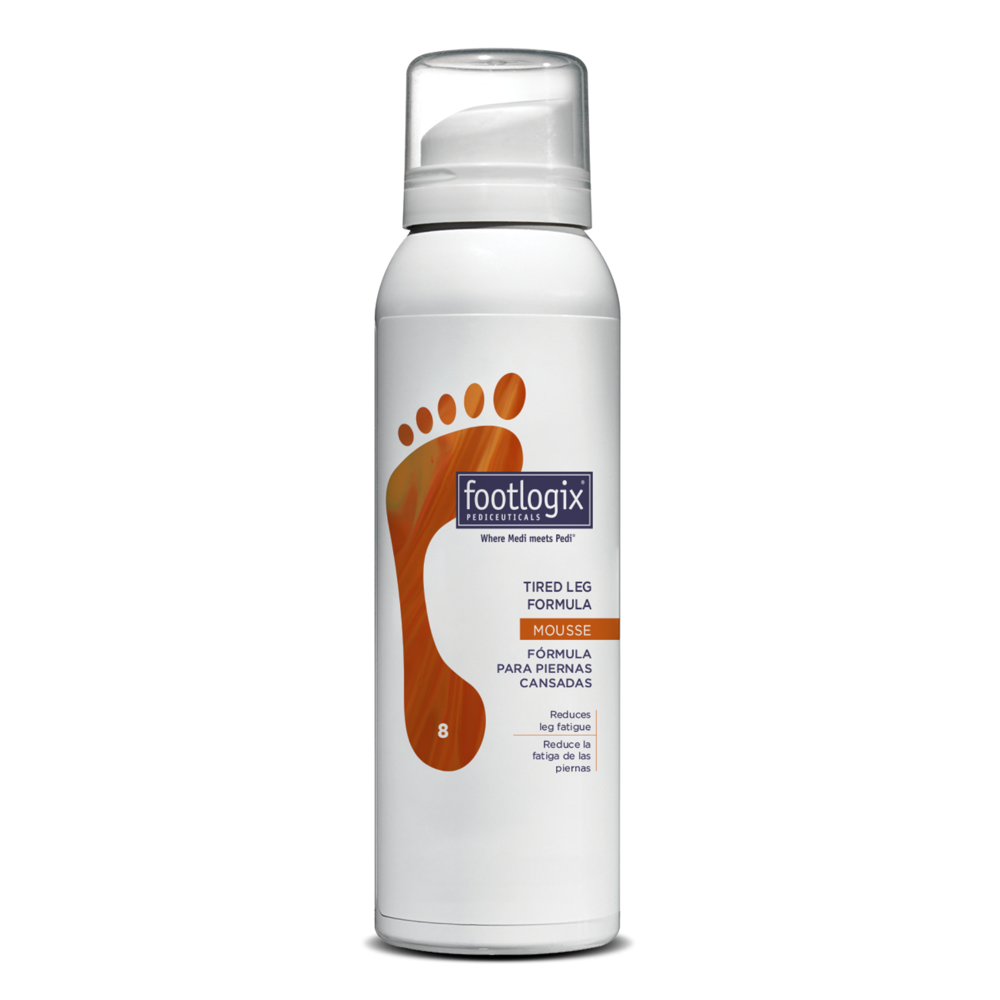 A 4.23 oz (119.9 g) can of Footlogix® Tired Leg Formula Mousse, featuring an orange footprint graphic on a white bottle. The product is labeled to energize and revitalize tired legs, and is part of the Footlogix Pediceuticals® line.