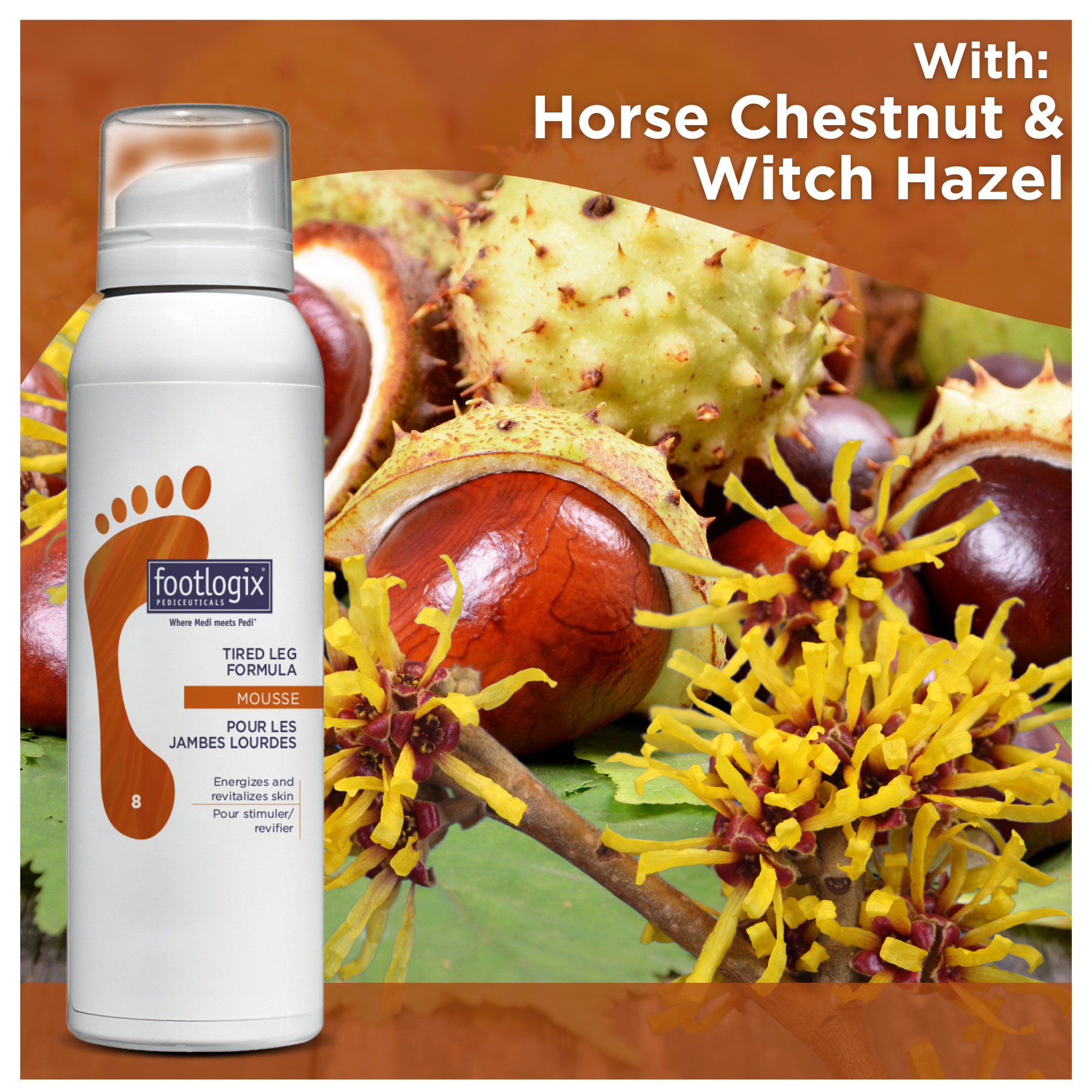 A bottle of Footlogix Tired Leg Formula is shown next to raw Witch Hazel blossoms and Horse Chestnut fruits, highlighting the product’s key ingredients for circulation support and soothing relief.