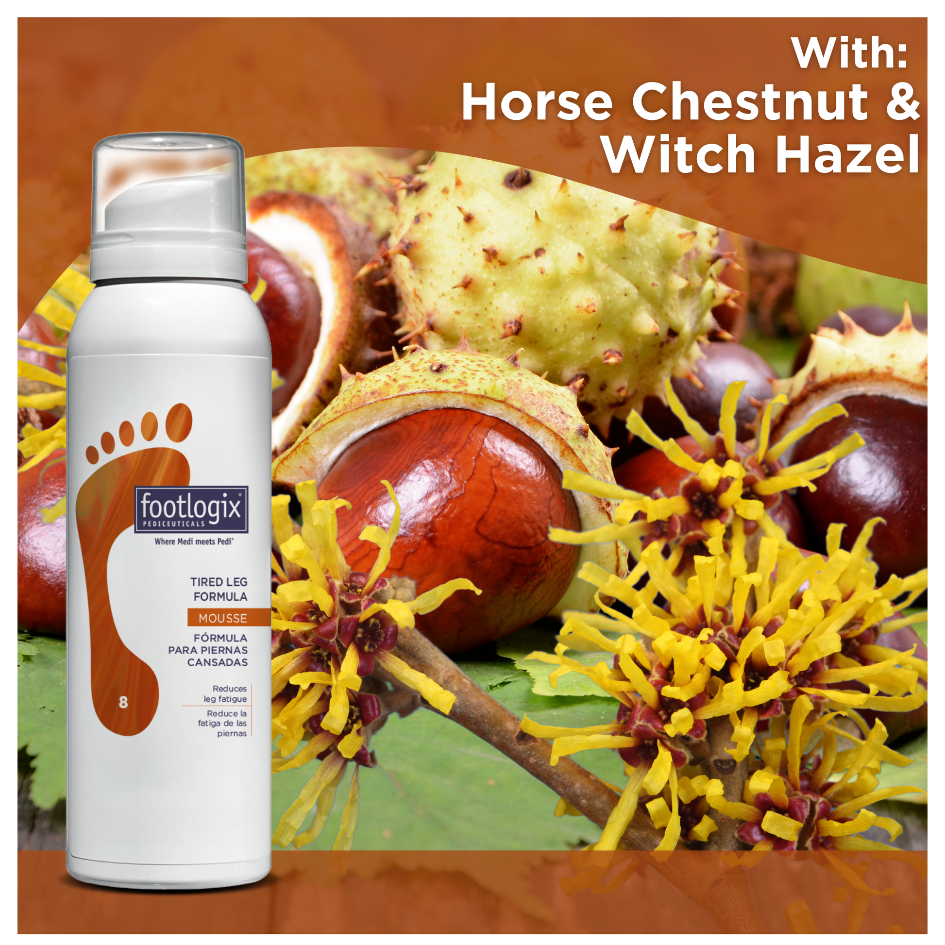 A bottle of Footlogix Tired Leg Formula is shown next to raw Witch Hazel blossoms and Horse Chestnut fruits, highlighting the product’s key ingredients for circulation support and soothing relief.