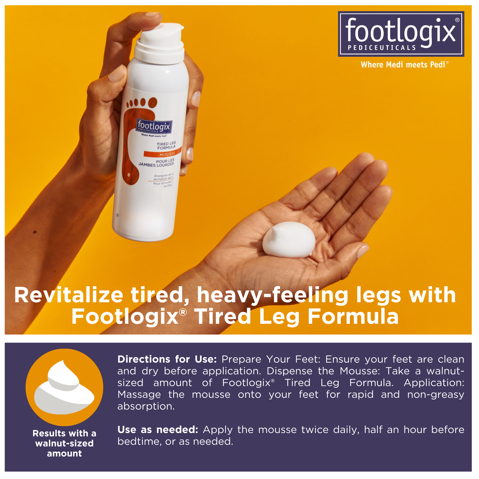 Footlogix Tired Leg Formula shown with a walnut-sized amount of mousse in hand. Text details directions for use, including recommended application amount and frequency.