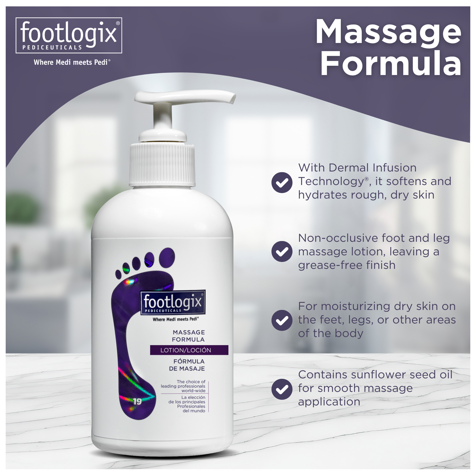 Image of Footlogix Massage Formula bottle with a soft purple background, featuring product benefits including Dermal Infusion Technology®, non-greasy formula, moisturizing for dry skin, and sunflower seed oil for smooth application.