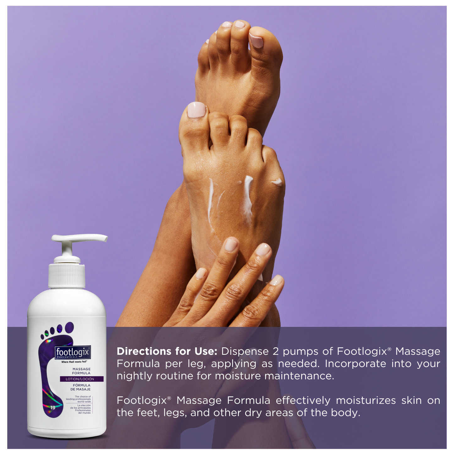 Image of someone applying Footlogix Massage Formula to their legs, with lotion visible on the skin. Instructions in the lower third explain how to use the product for daily moisture maintenance.