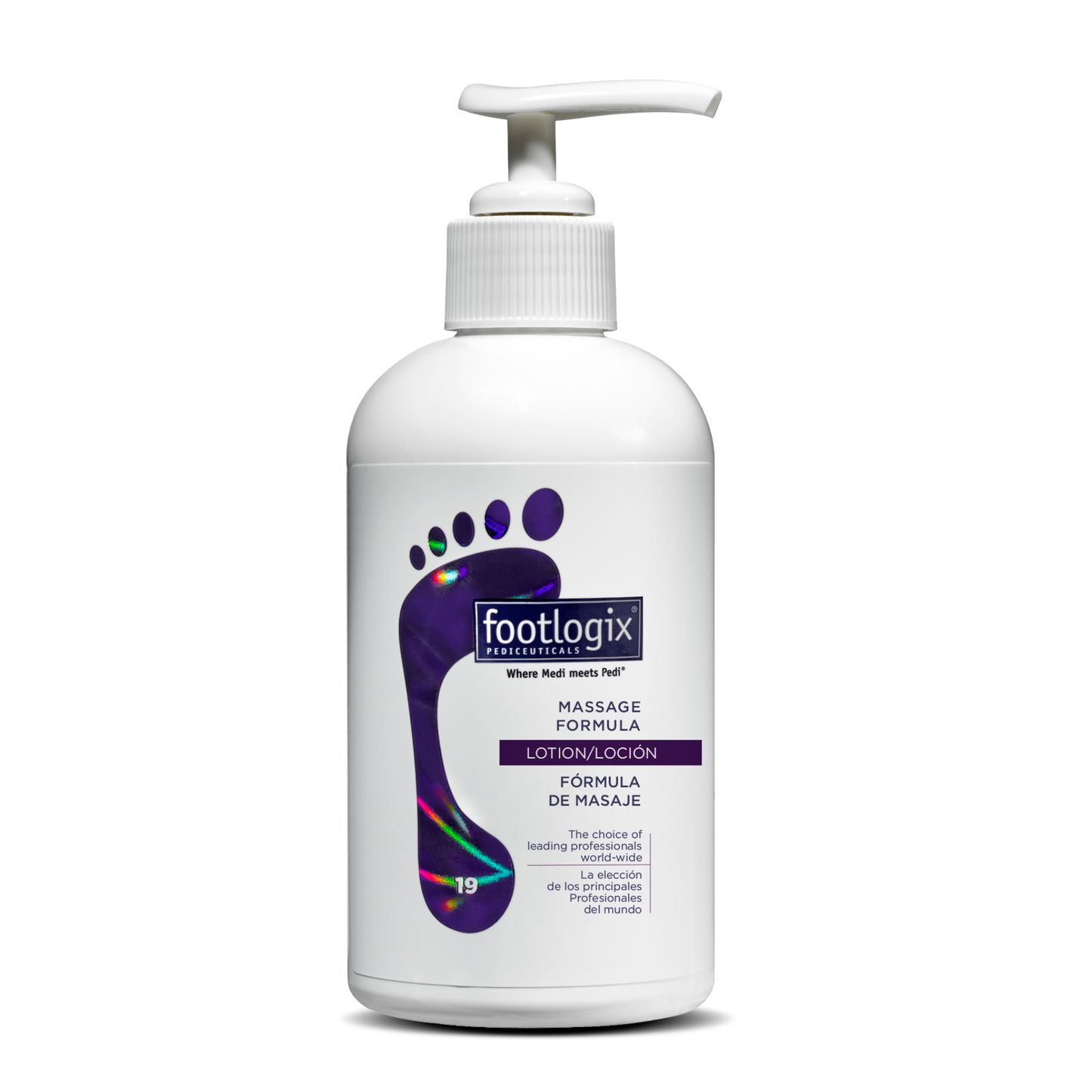Footlogix Massage Formula Lotion bottle – 250 ml (8.45 oz) size with a pump dispenser. The label features a purple foot graphic and product details in English and Spanish.