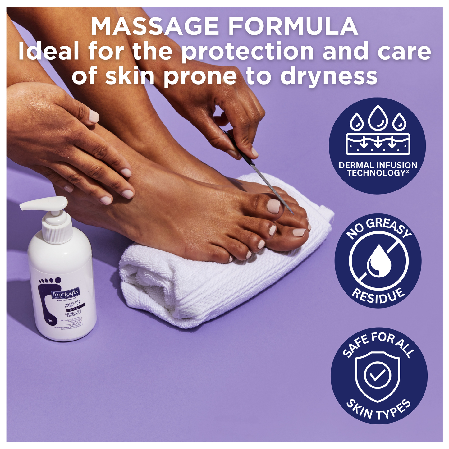 Overhead image of someone filing their toenails with one foot resting on a white towel, next to a bottle of Footlogix Massage Formula. Features icons that highlight the product as non-greasy, safe for all skin types, and powered by Dermal Infusion Technology®.
