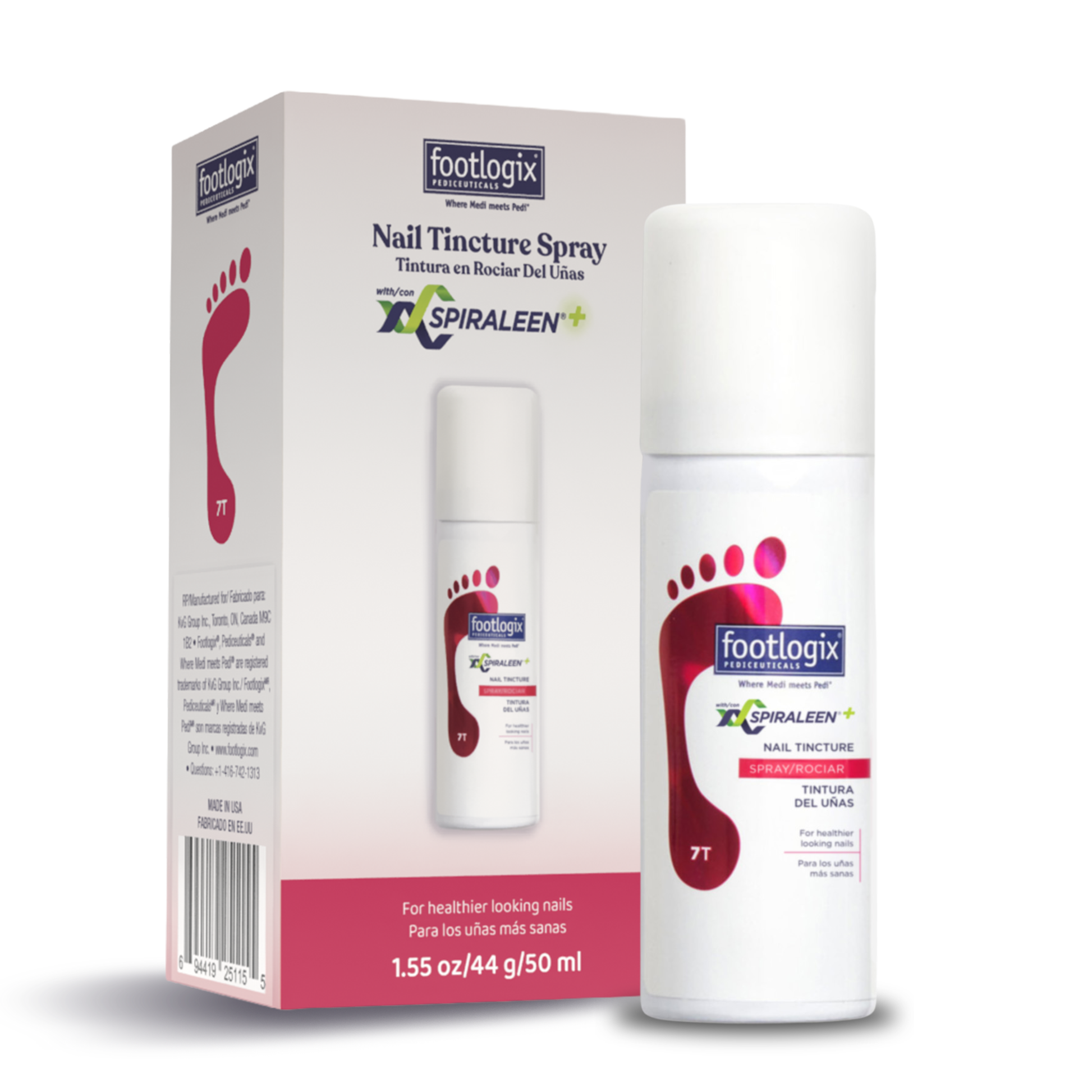 Footlogix Nail Tincture Spray with Spiraleen+ shown with product box, professional foot care spray for healthier-looking nails