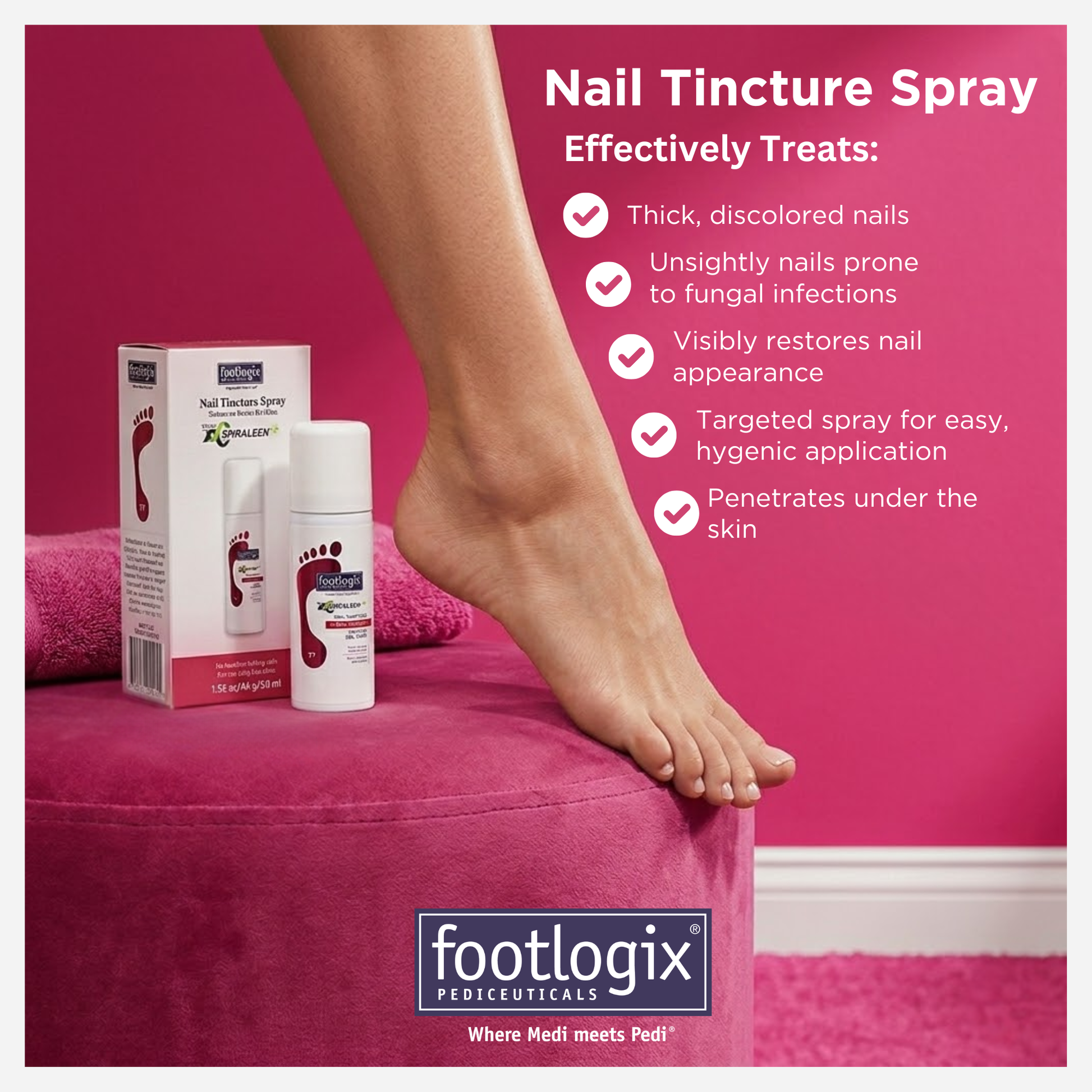 Footlogix Nail Tincture Spray displayed beside foot on pink background highlighting nail care and easy spray application