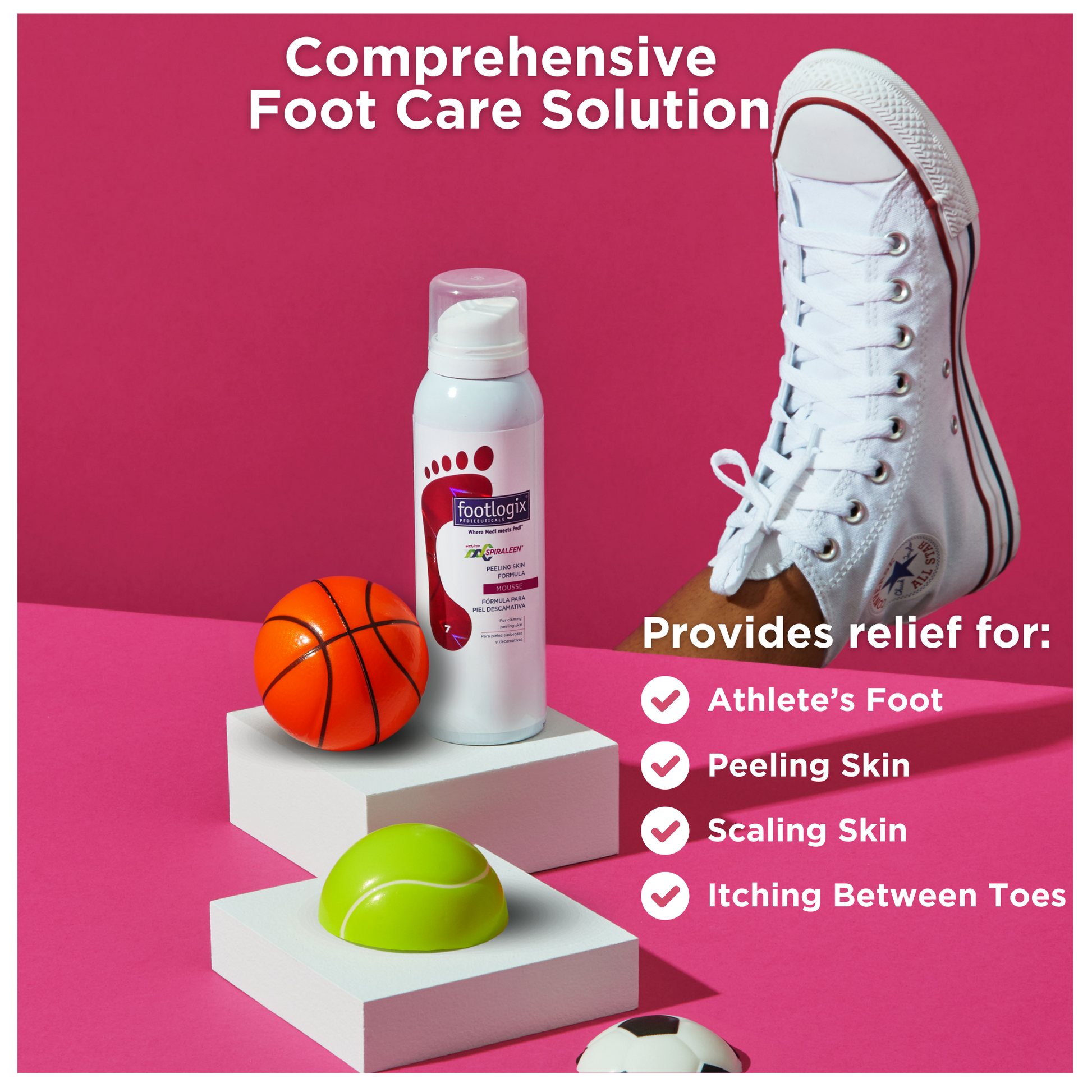 Peeling Skin Formula displayed next to sports gear with a shoe in the background. Text highlights relief for peeling skin, scaling, and itching between toes.