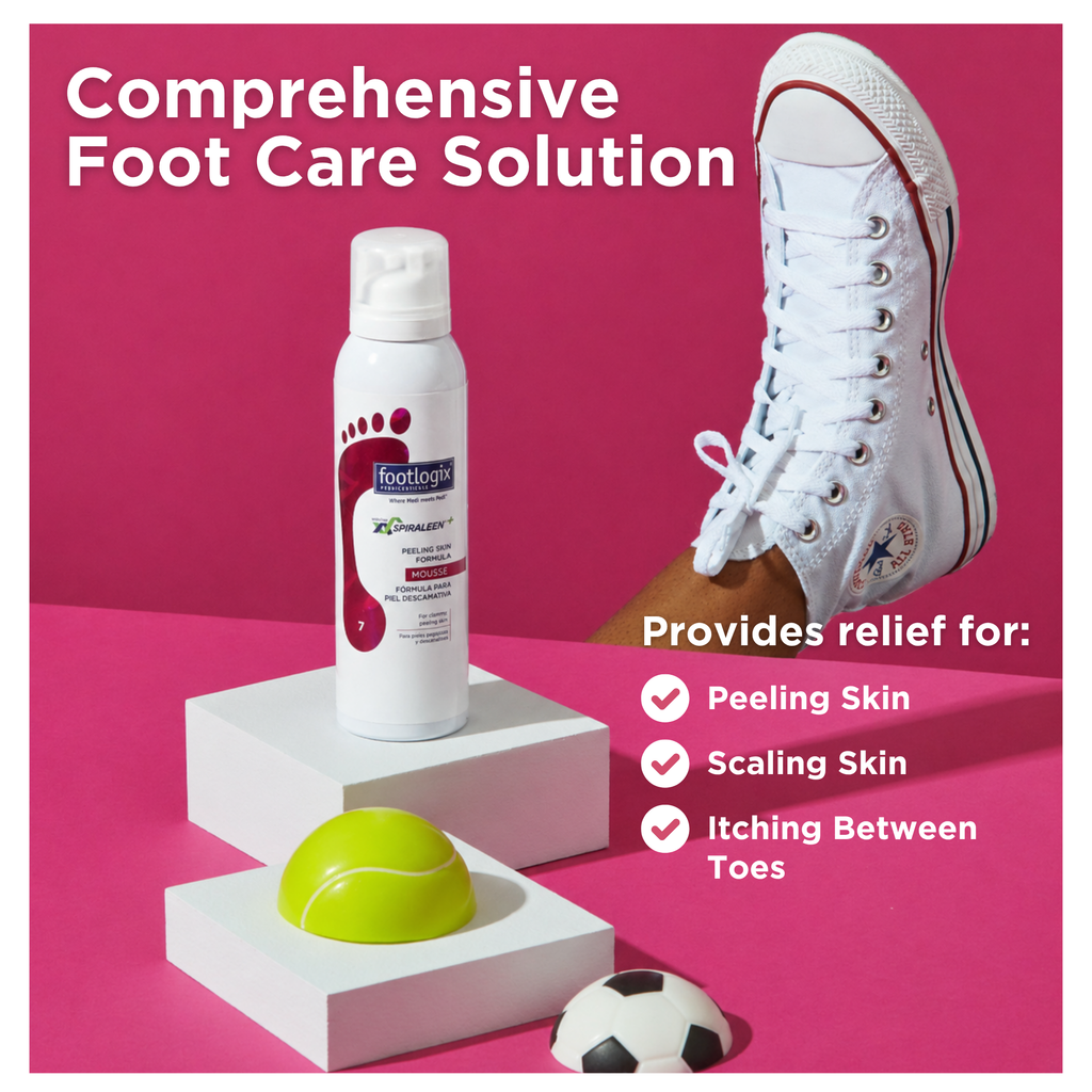 Footlogix Peeling Skin Formula mousse displayed with sneaker and sports props on pink background, highlighting care for peeling and clammy skin.