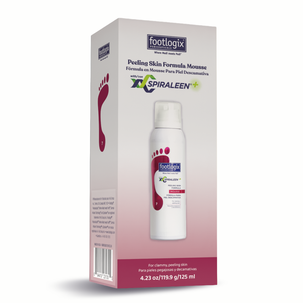 Footlogix Peeling Skin Formula mousse box with Spiraleen+ technology for peeling, clammy skin care.