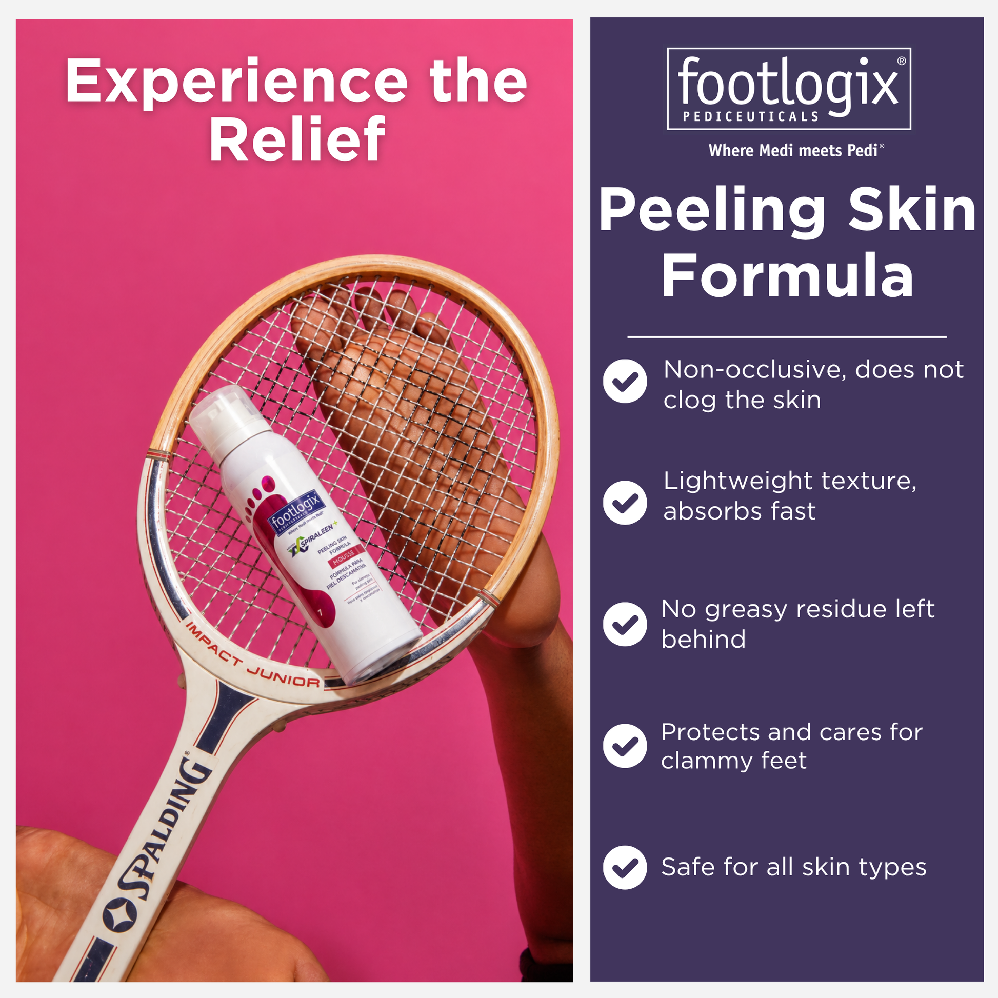 Footlogix Peeling Skin Formula mousse shown on tennis racket with key features including fast absorption and non-occlusive formula.