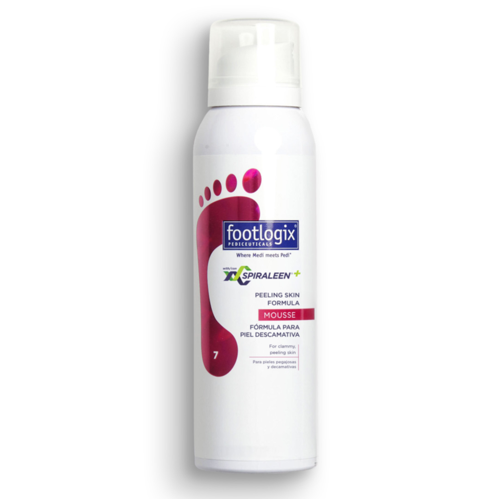 Footlogix Peeling Skin Formula mousse bottle with Spiraleen+ for peeling, clammy skin.