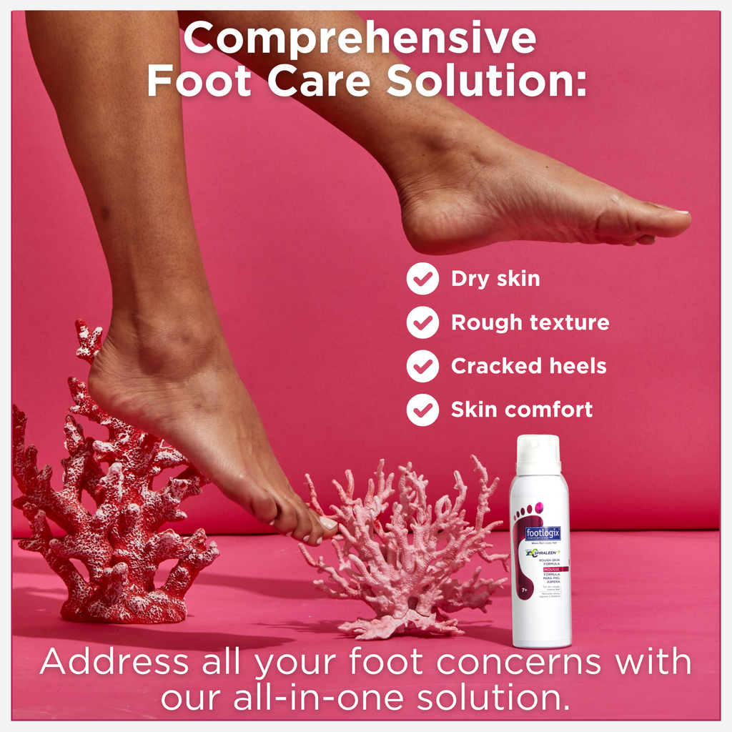 Footlogix Rough Skin Formula mousse shown with feet on pink background highlighting dry skin, rough texture and cracked heels care