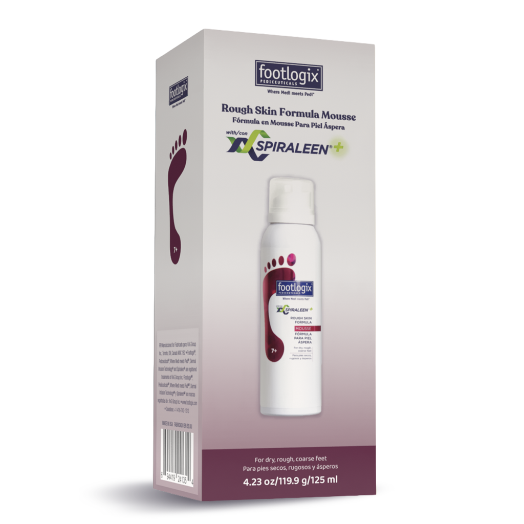 Footlogix Rough Skin Formula mousse with Spiraleen+ shown with retail box for dry, rough foot skin care
