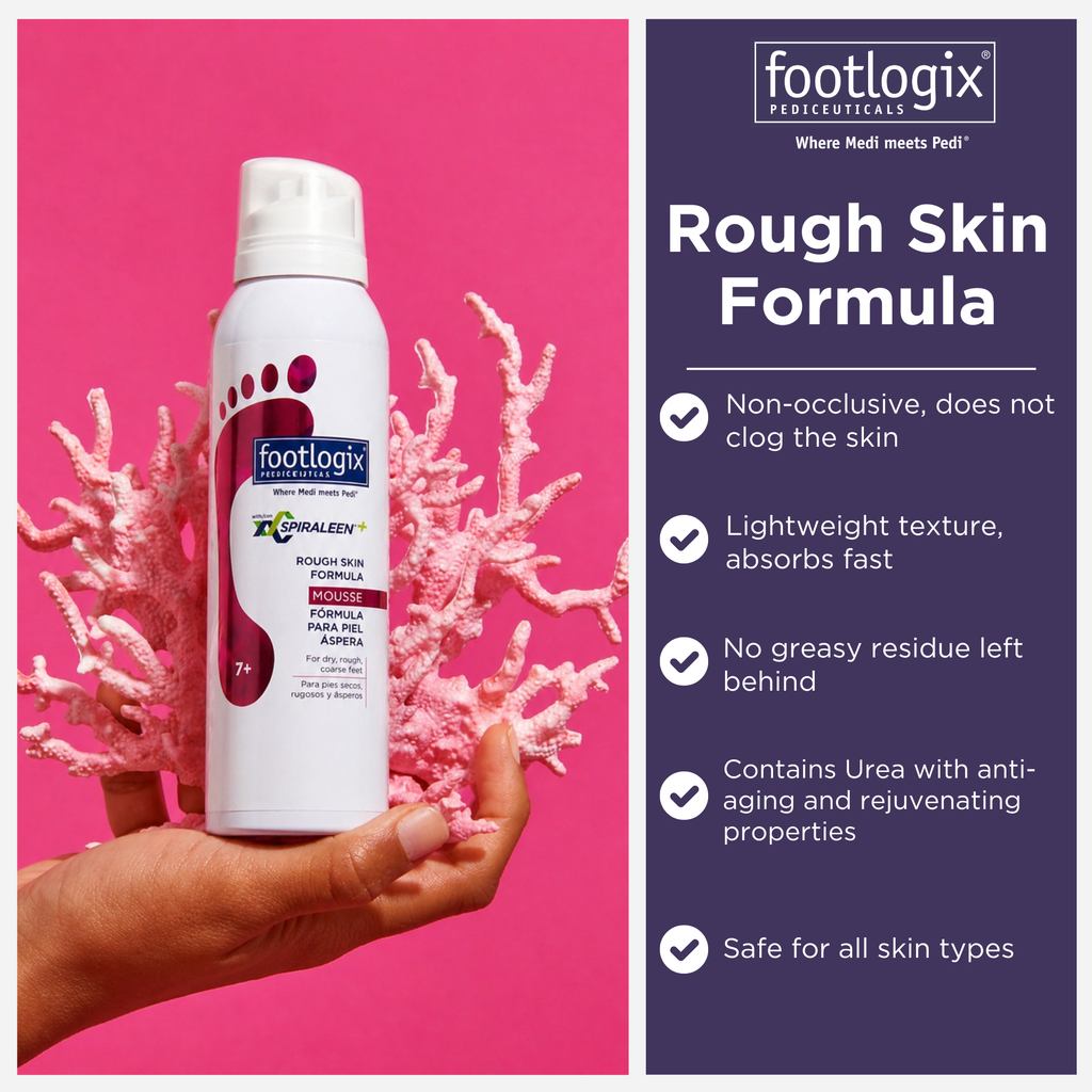 Footlogix Rough Skin Formula mousse with lightweight, fast-absorbing, non-greasy foot care formula on pink background