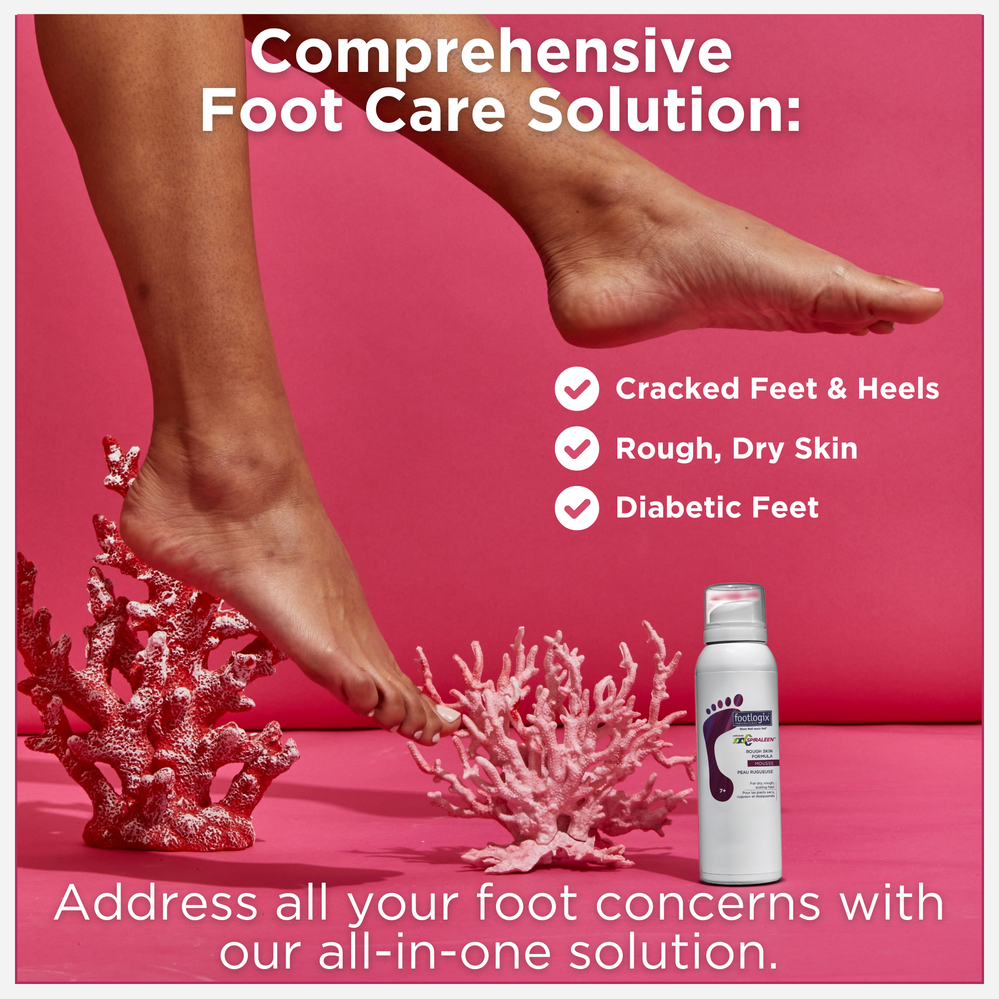 Promotional graphic featuring feet above coral on a pink background. Highlights benefits of Footlogix Rough Skin Formula: cracked heels, rough skin, and diabetic-friendly formula.