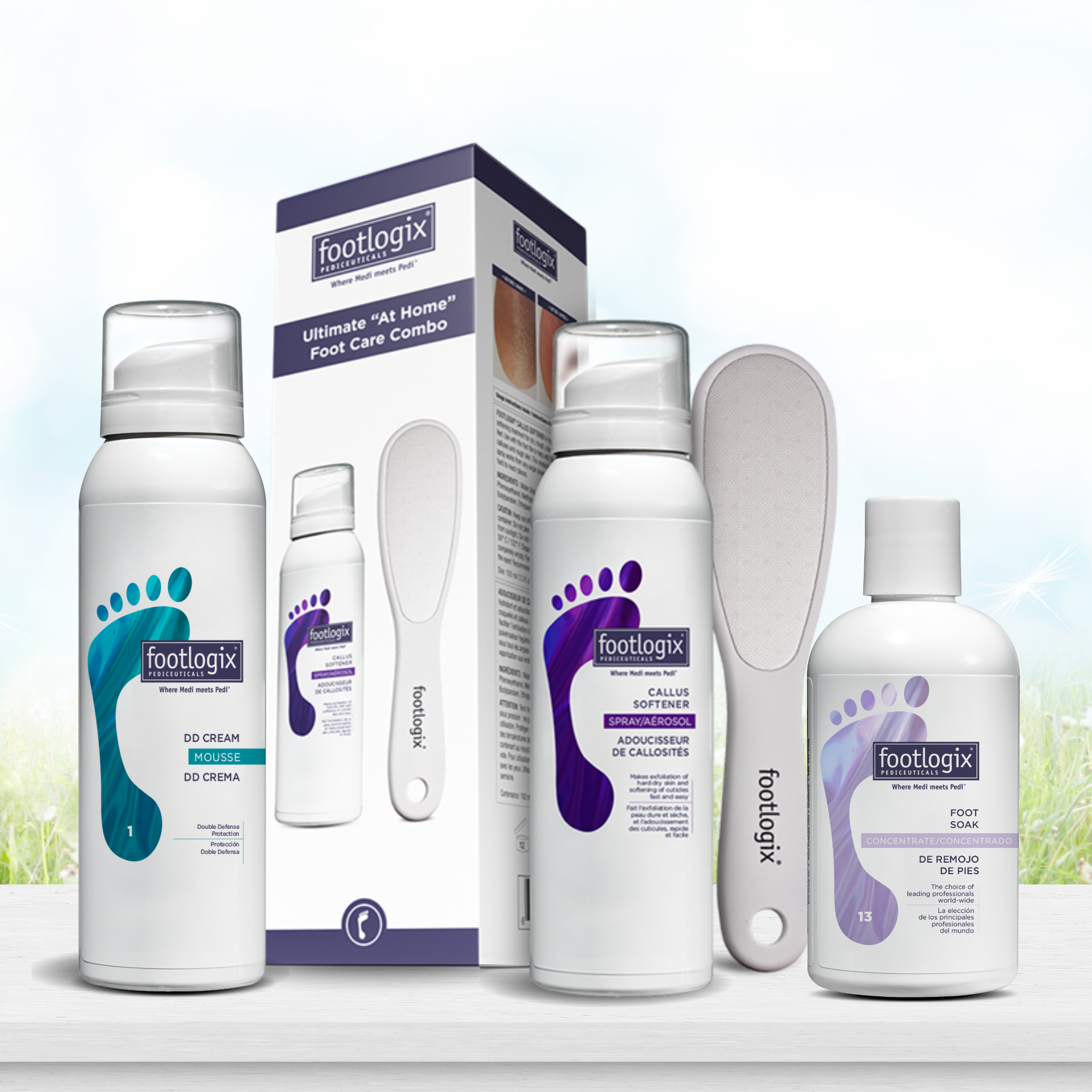 Footlogix Spring Refresh Bundle featuring Ultimate At Home Foot Care Combo, DD Cream Mousse, Callus Softener, Foot Soak Concentrate, and Foot File.