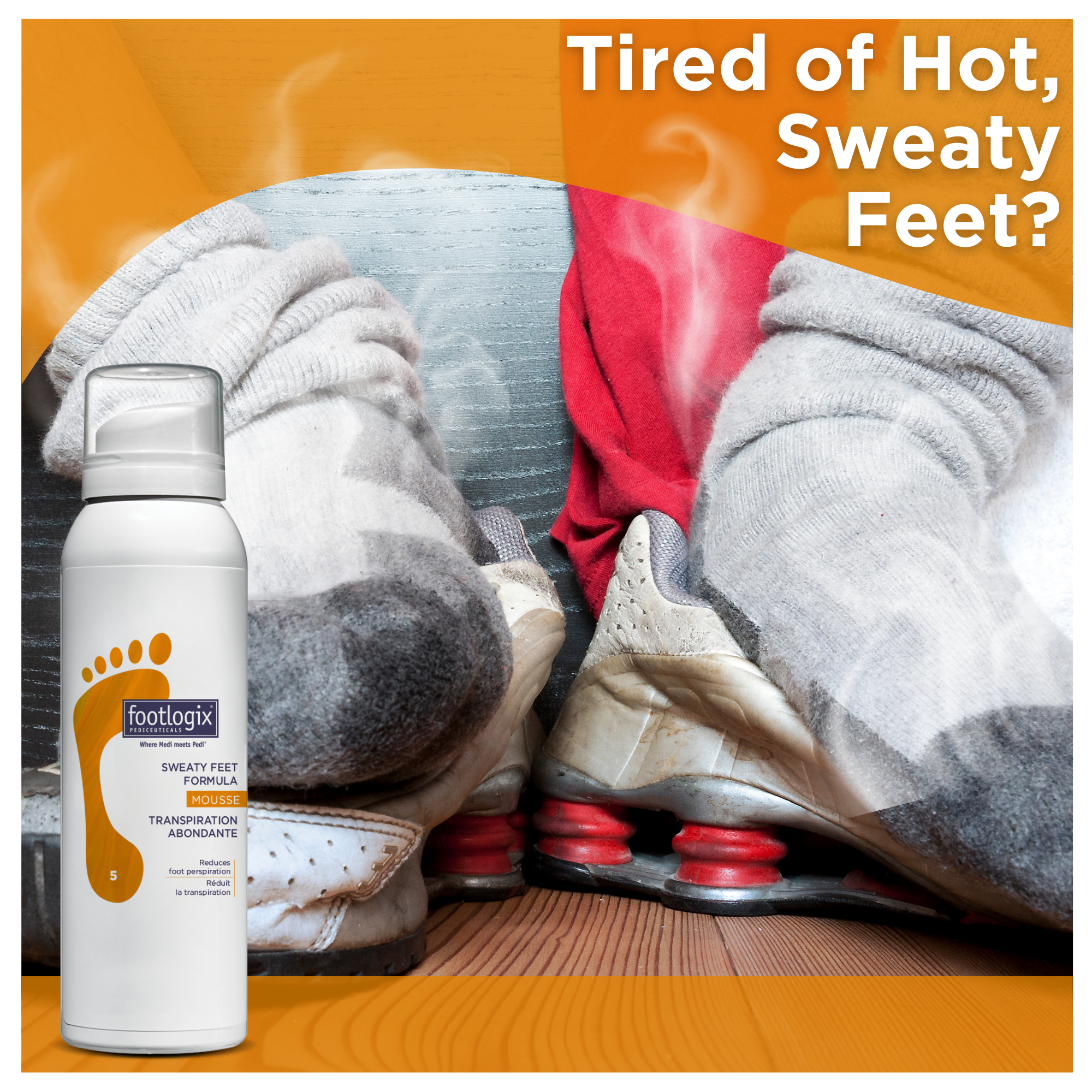 A dramatic image of sweaty feet inside steamy sneakers with visible moisture. The Footlogix Sweaty Feet Formula can appears in the corner with bold text: “Tired of Hot, Sweaty Feet?”