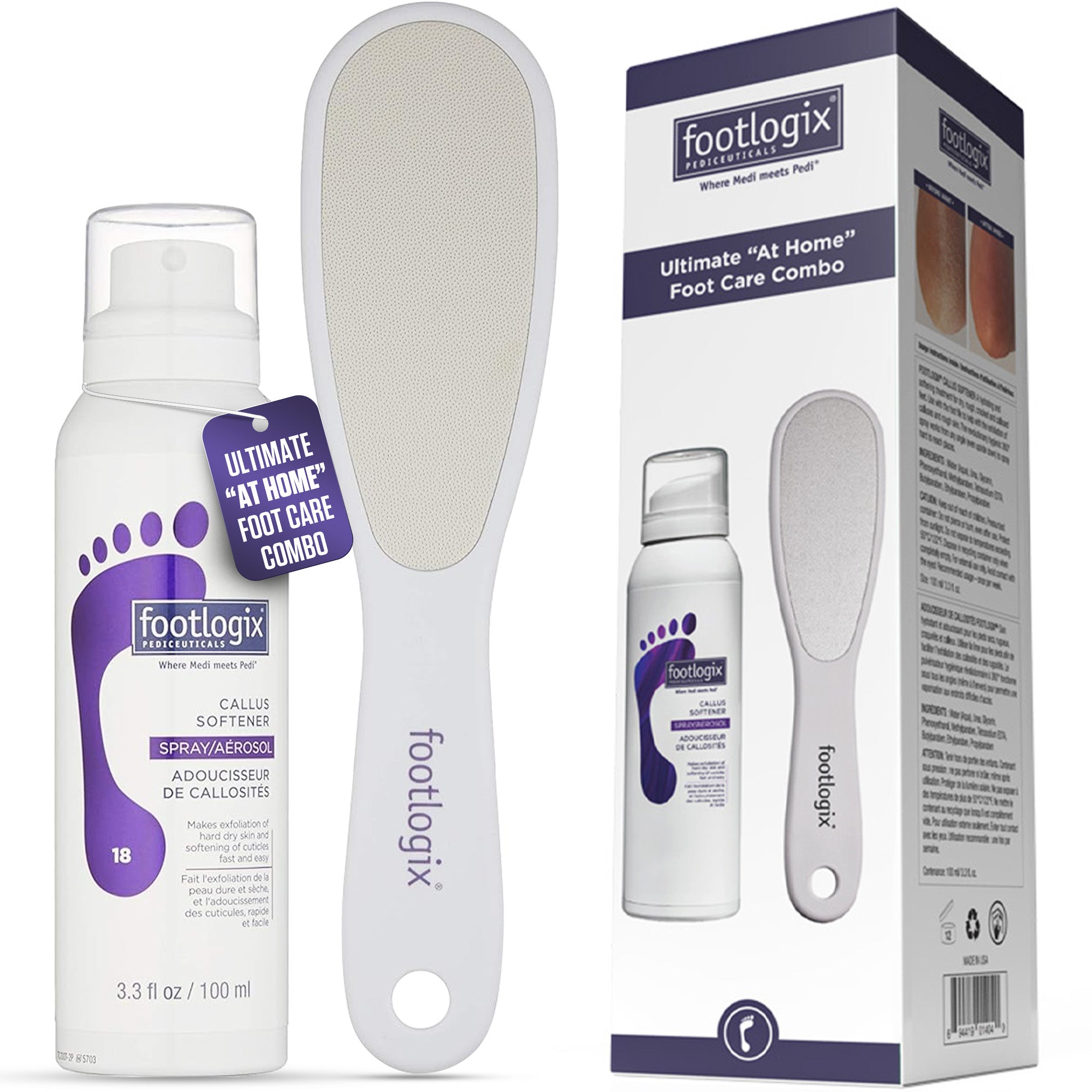 Footlogix Ultimate At Home Combo with Callus Softener and Stainless Steel Foot File shown with outer packaging.