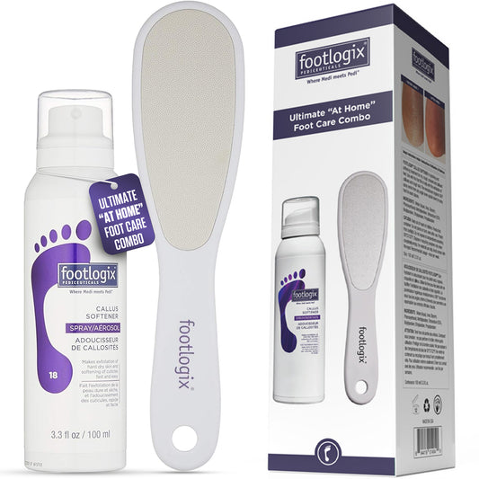 Footlogix Ultimate At Home Combo with Callus Softener and Stainless Steel Foot File shown with outer packaging.