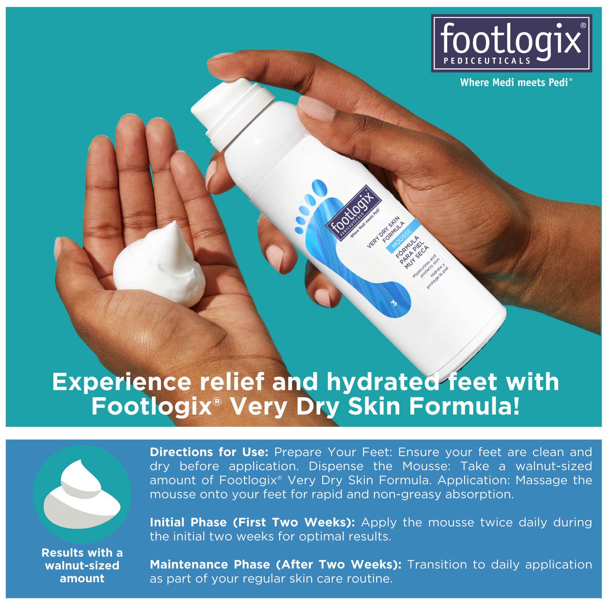 Hands dispensing a walnut-sized amount of Footlogix® Very Dry Skin Formula mousse. Text instructions explain how to apply the product for best results, including an initial two-week phase followed by maintenance use.
