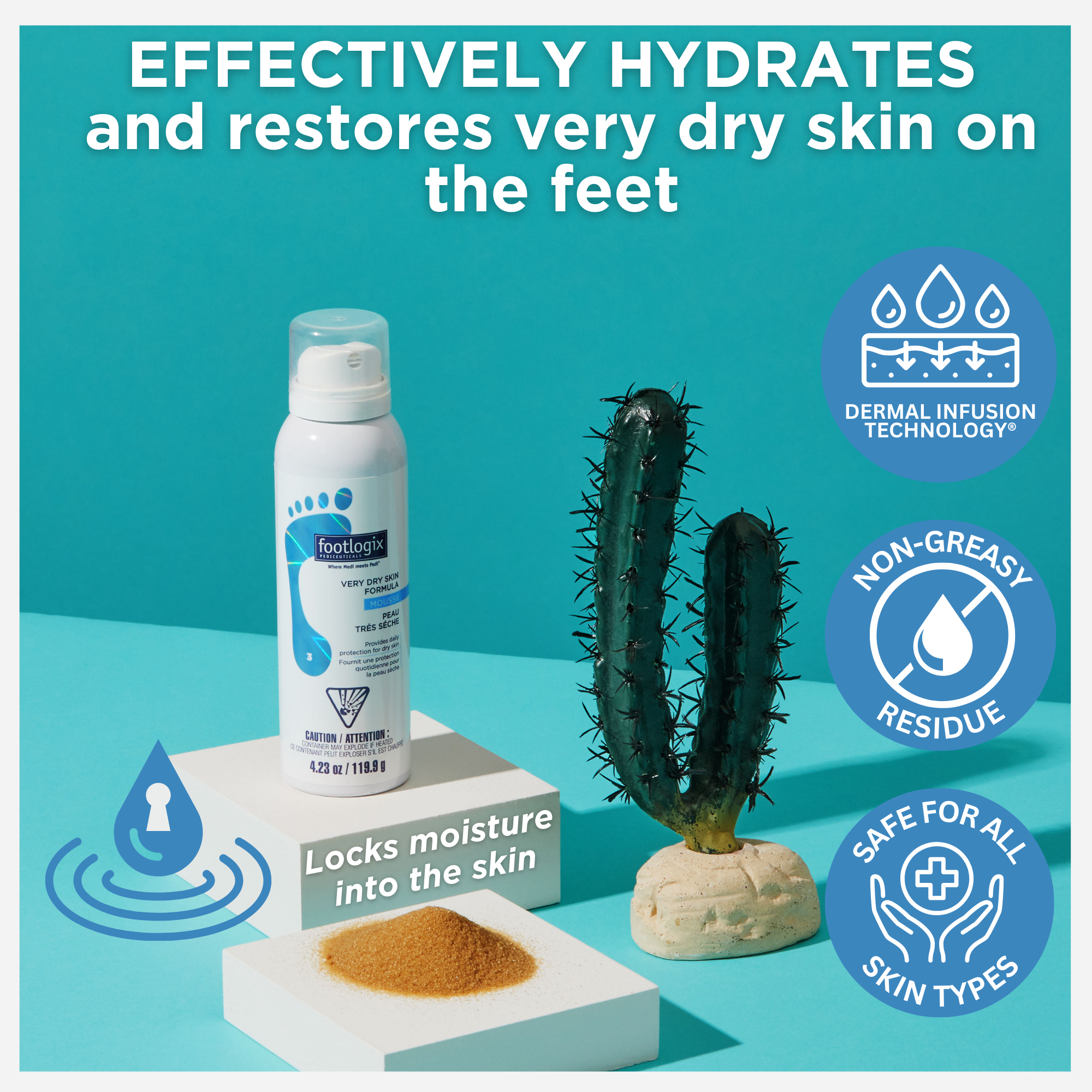 A Footlogix® Very Dry Skin Formula can displayed on a white block next to a cactus and a patch of dry sand, emphasizing hydration for dry skin. On the right, icons list benefits like fast absorption and suitability for diabetics and seniors.