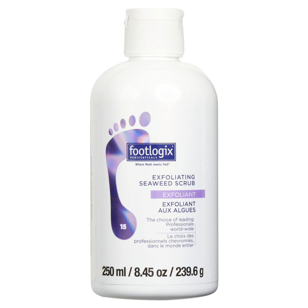 Product photo of Footlogix Exfoliating Seaweed Scrub in an 8.45 oz white bottle featuring a purple footprint design and labeled as “Exfoliant/Exfoliante.”