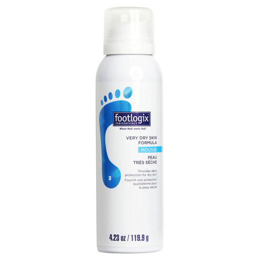 A 125 ml white can of Footlogix® Very Dry Skin Formula Mousse, featuring a blue footprint graphic and labeled for treating very dry skin.